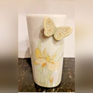 Vintage Marvet Porcelain 6" Yellow Iris Vase with 3D Butterfly Japan Pre-owned